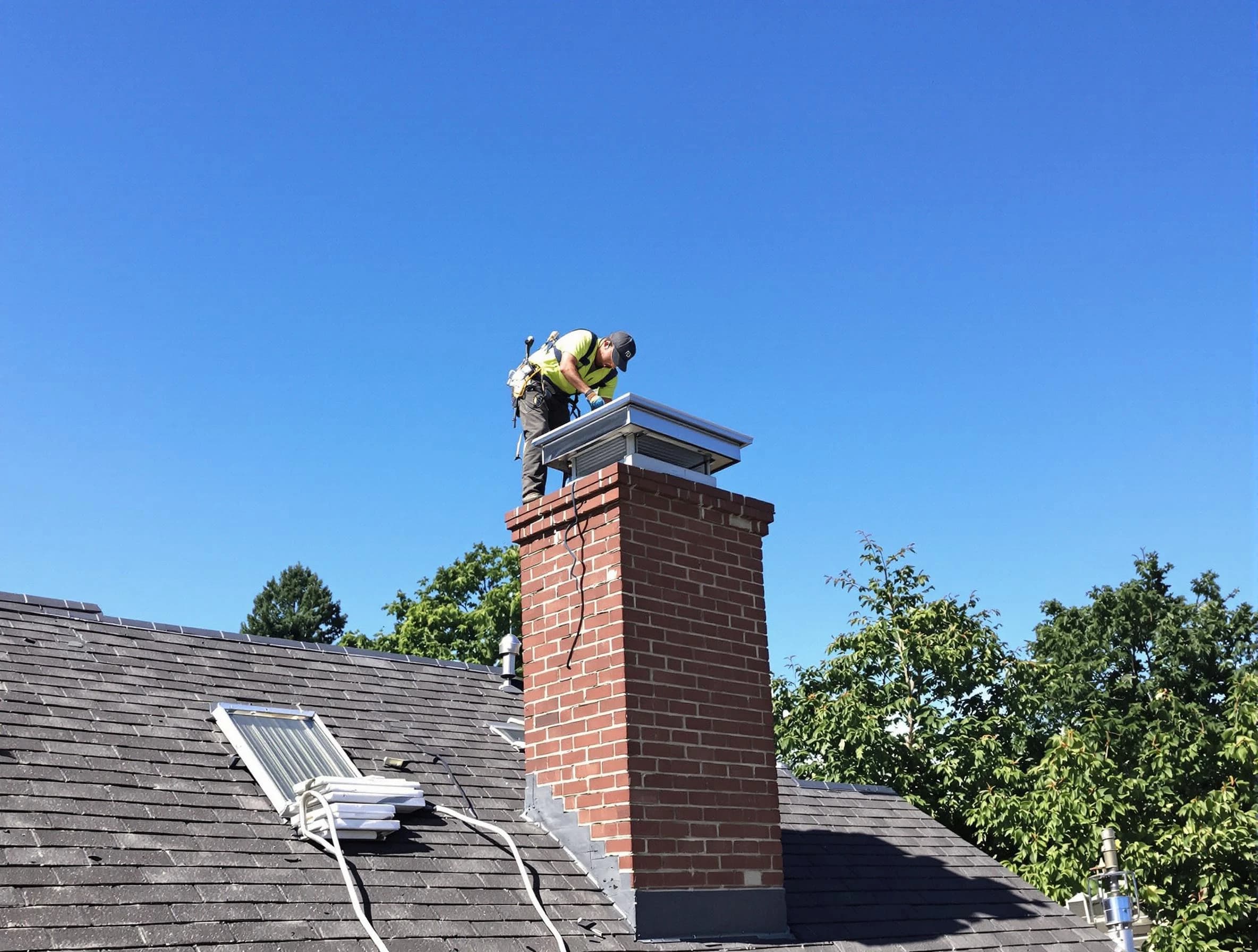 Oakmont Chimney Sweep technician measuring a chimney cap in Oakmont, PA